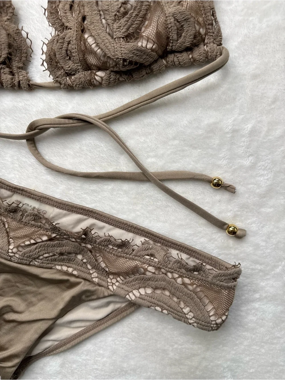 Pilyq - Taupe Crochet Halter Bikini Set, size M